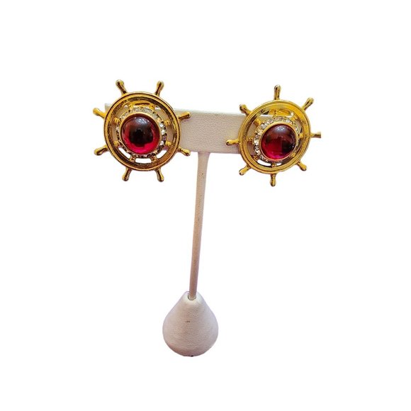 Vintage Unsigned 80s Amy JO Ships Wheel Clip Earrings (A2960) - Picture 1 of 4